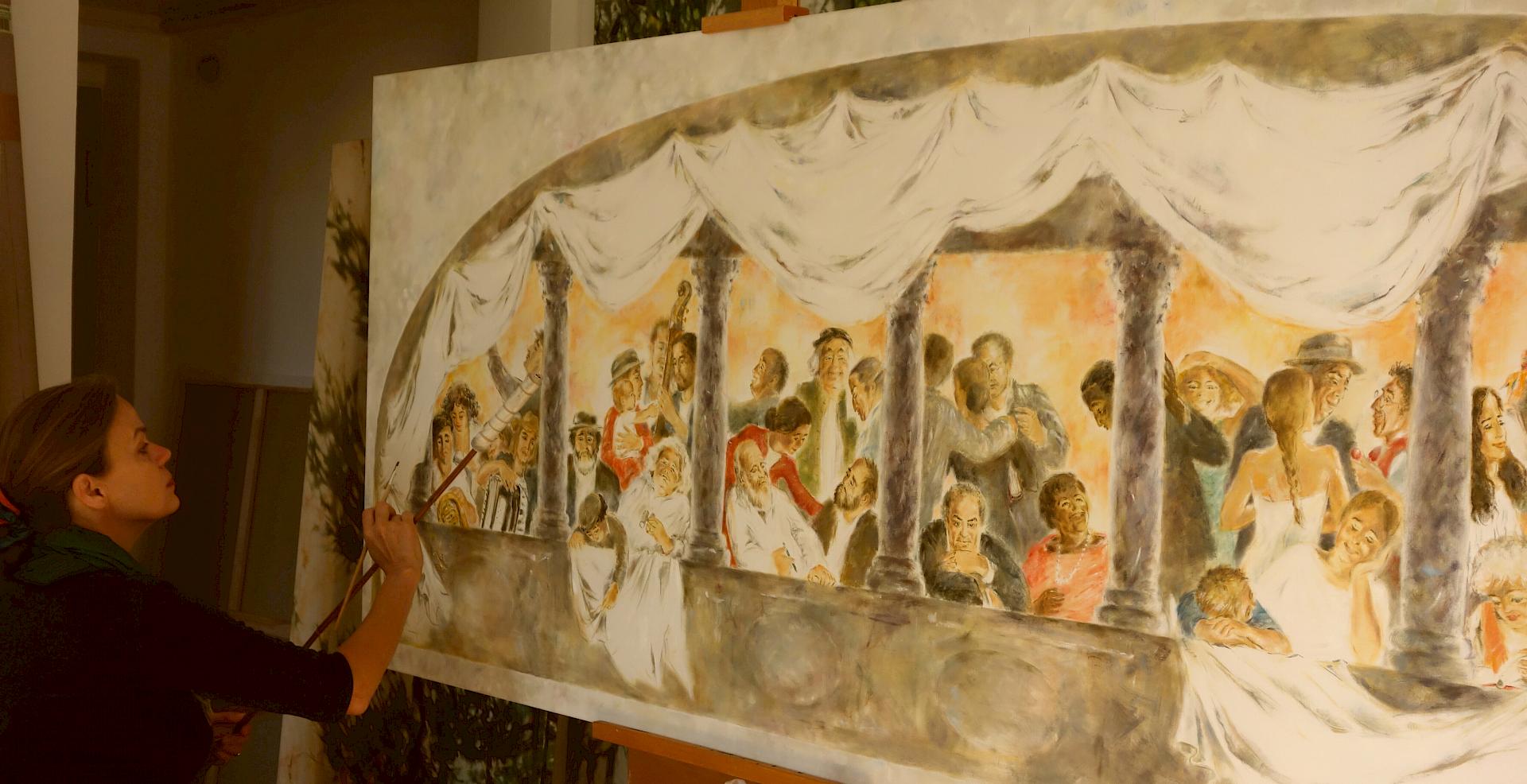 Barbara Thiess malt das Gemälde in Öl im Atelier
