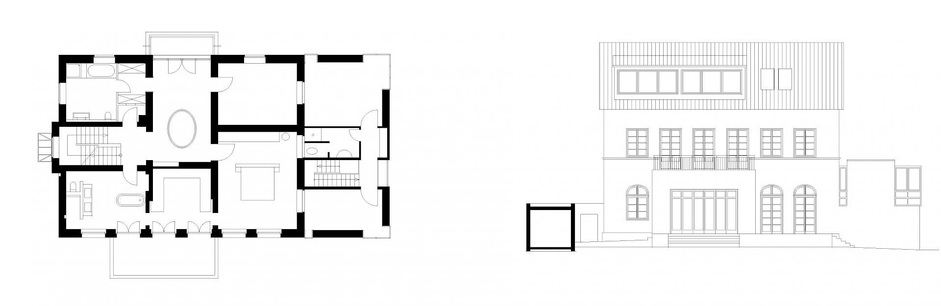 Grundriss Obergeschoss und Gartenansicht